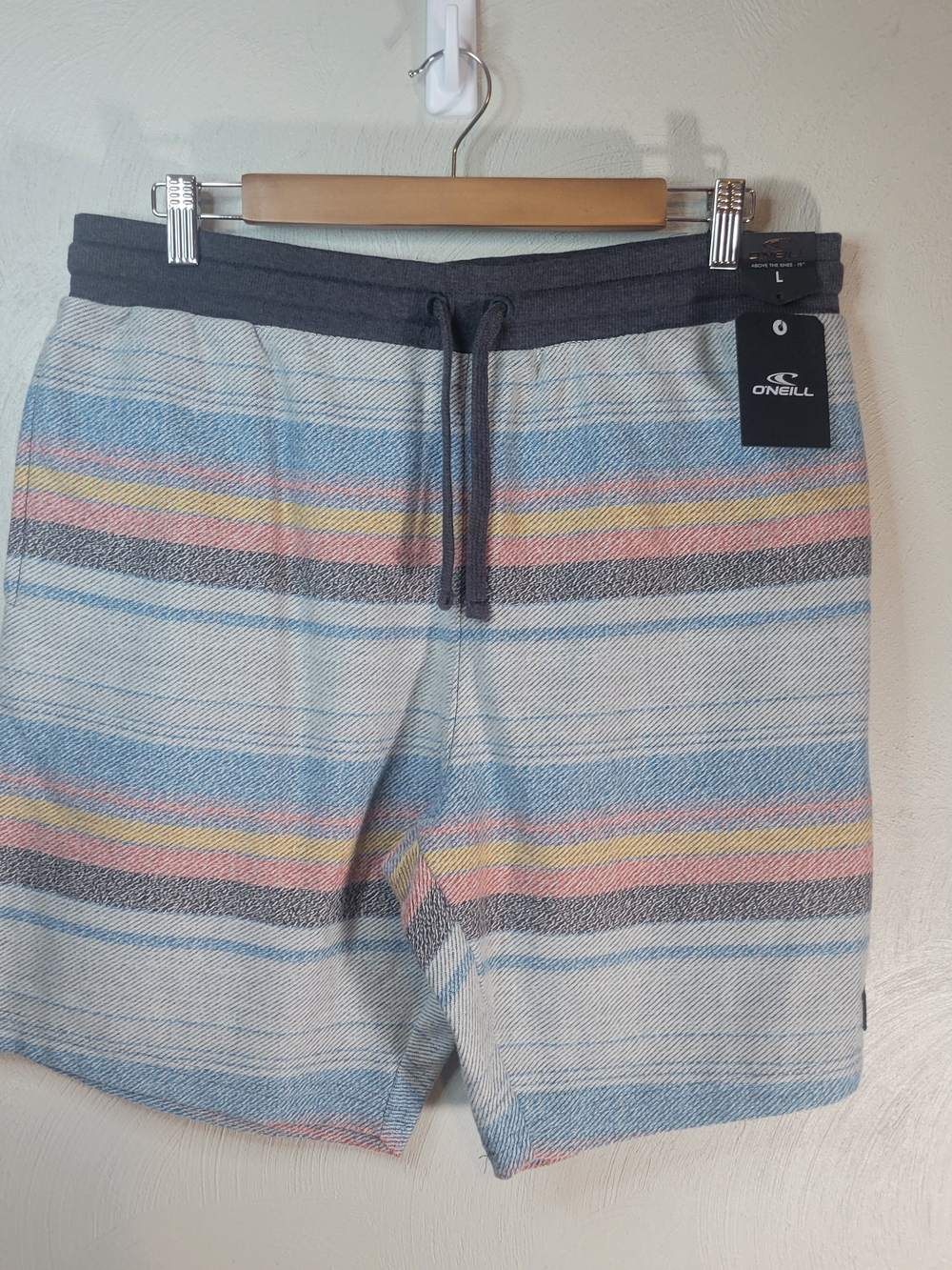 NWT O'Neill Men's Barro Striped Swim Shorts in Blue, Gray, Pink, Yellow - Size L